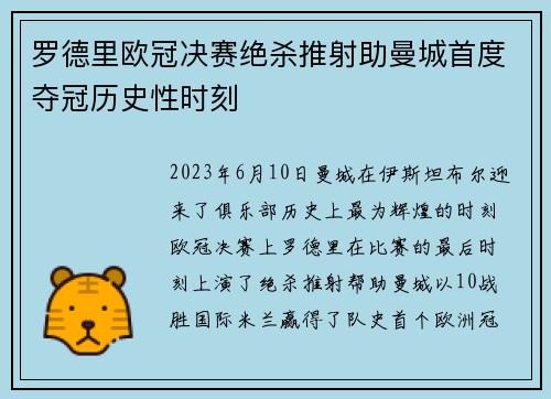 罗德里欧冠决赛绝杀推射助曼城首度夺冠历史性时刻 罗德里欧冠决赛绝杀推射助曼城首度夺冠历史性时刻
