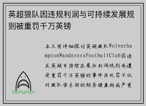英超狼队因违规利润与可持续发展规则被重罚千万英镑